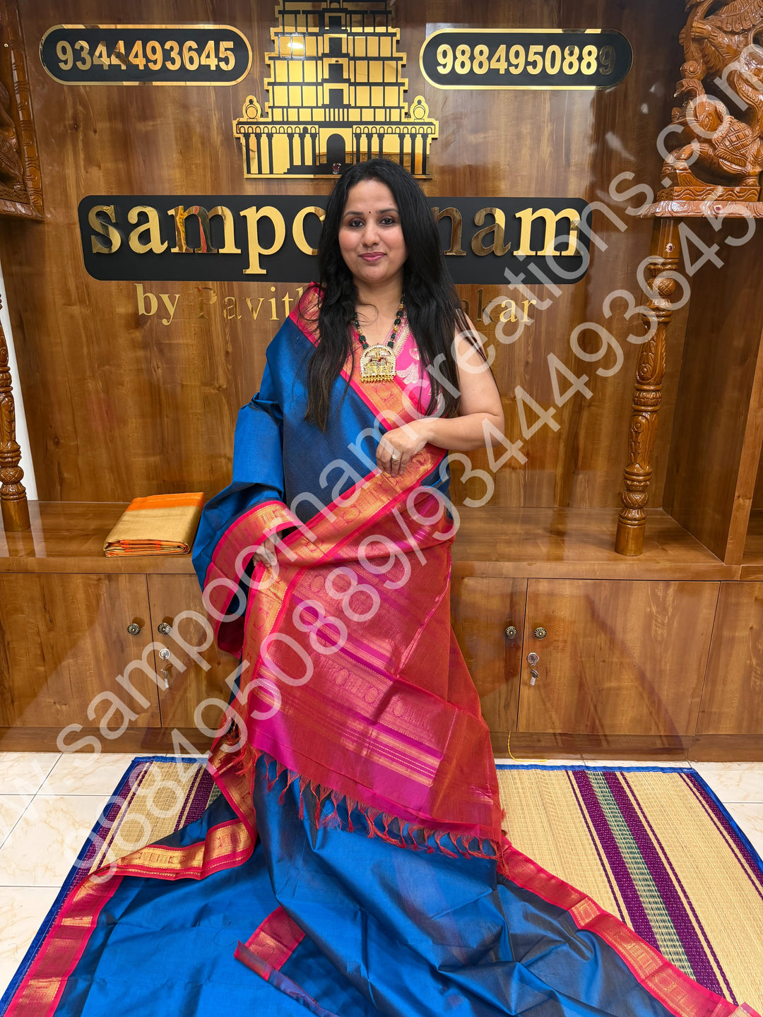 Cobalt Blue with Pink , Vairaoosi Zari Lines  in the body  , Traditional border and Rich Pallu , 10 Yards Korvai Pure Silk Cotton Saree