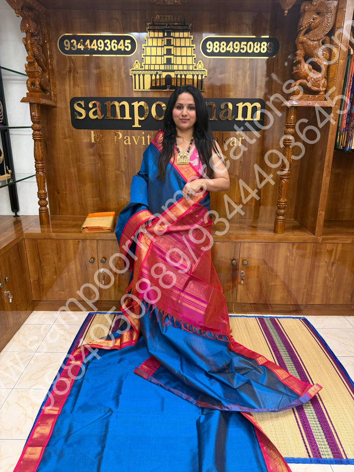 Cobalt Blue with Pink , Vairaoosi Zari Lines  in the body  , Traditional border and Rich Pallu , 10 Yards Korvai Pure Silk Cotton Saree