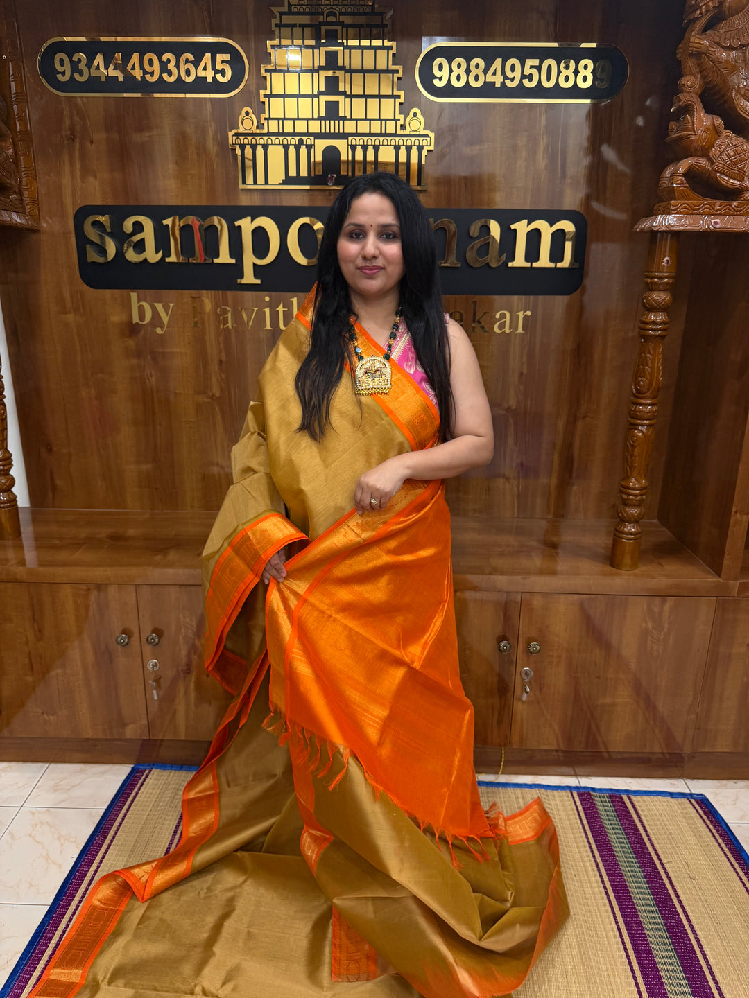 Gold with Orange , Vairaoosi Zari Lines  in the body  , Traditional border and Rich Pallu , 10 Yards  Pure Silk Cotton Saree