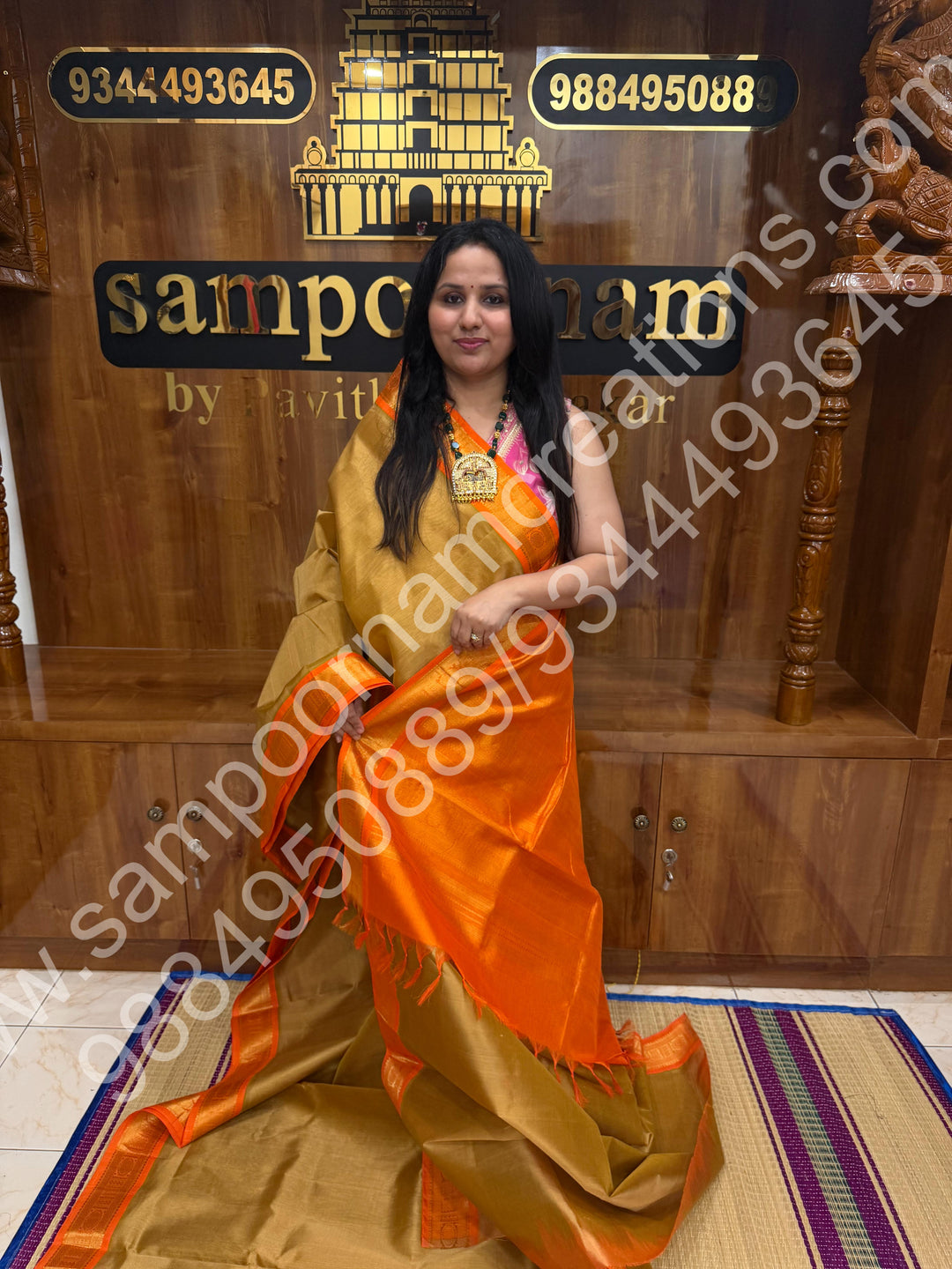 Beige with Orange , Vairaoosi Zari Lines  in the body  , Traditional border and Rich Pallu , 10 Yards  Pure Silk Cotton Saree