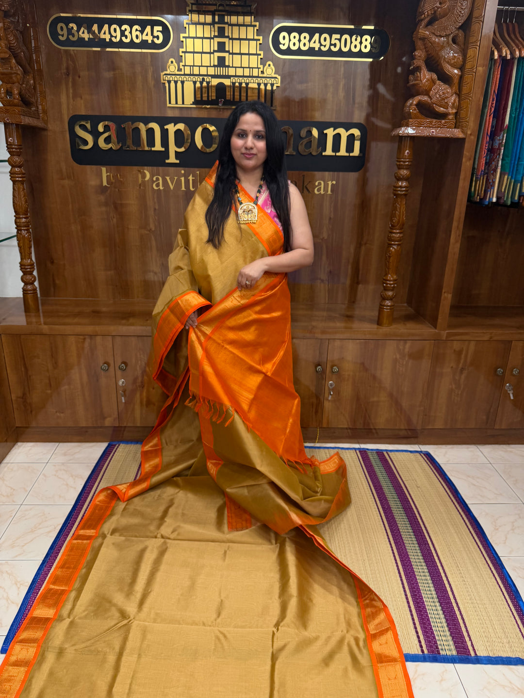 Gold with Orange , Vairaoosi Zari Lines  in the body  , Traditional border and Rich Pallu , 10 Yards  Pure Silk Cotton Saree