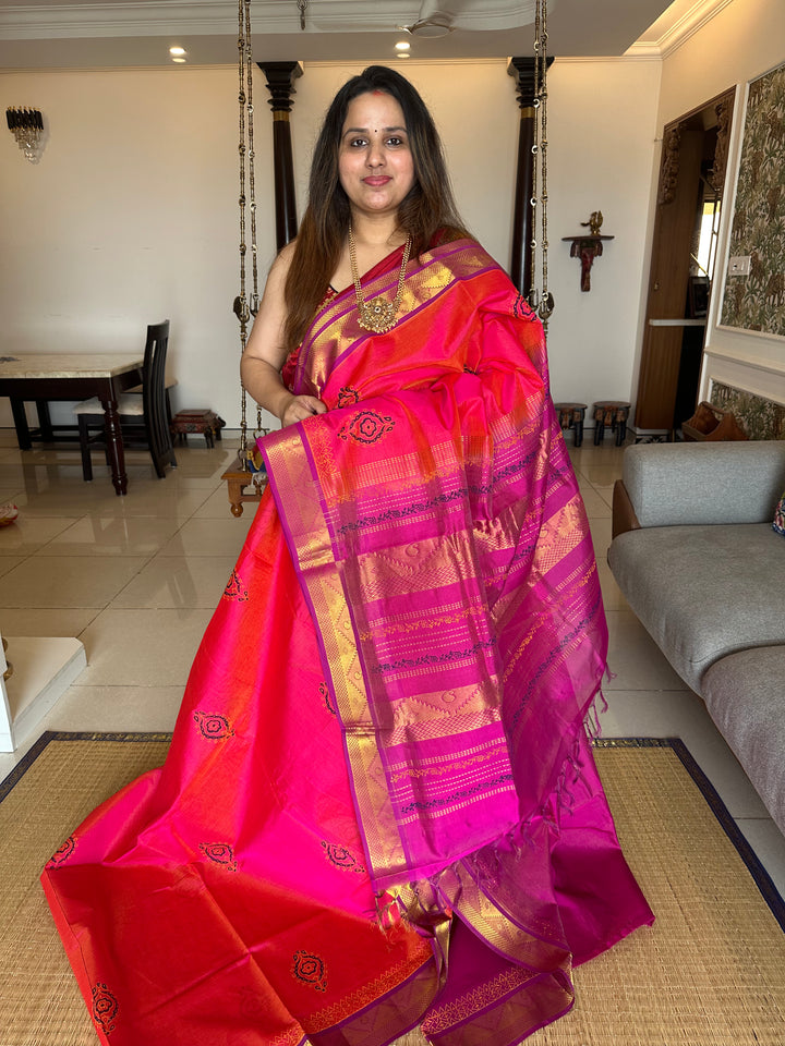 Pink with Puple Vairaoosi Handblock Printed Silk Cotton Saree