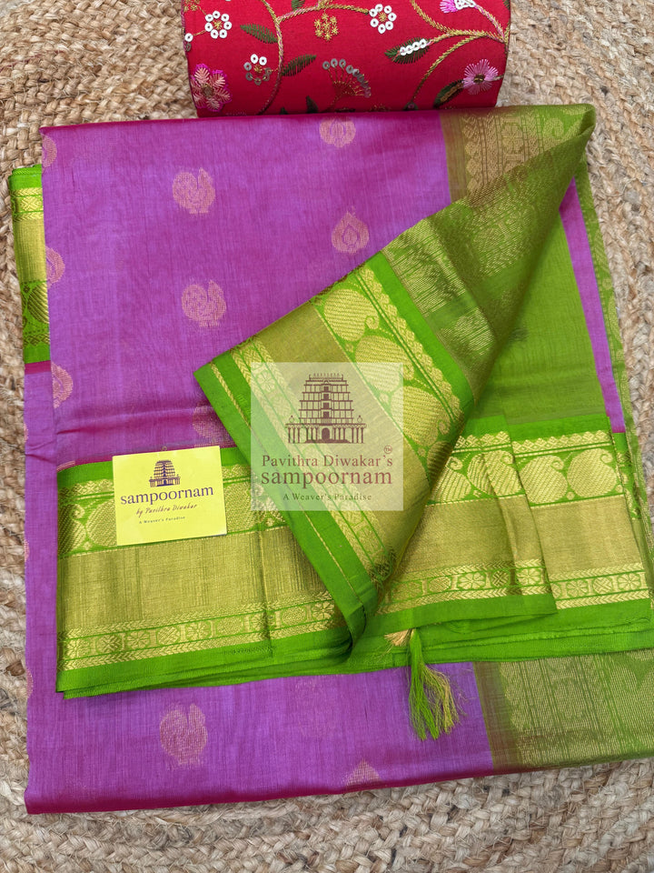 Double Shaded Pink Purple with Lemon Green, Traditional Silk Border and Rich Zari Butta in the Body and Grand Pallu Korvai Silk Cotton Saree