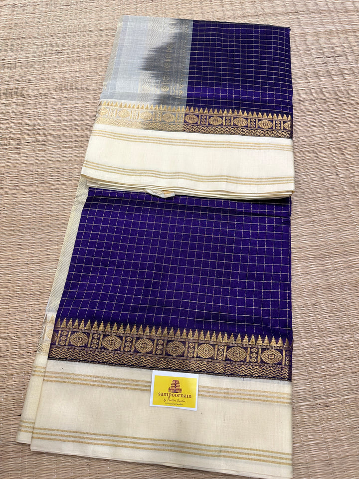 Purple with Offwhite Full Body Zari Checks Korvai Silk Cotton Saree