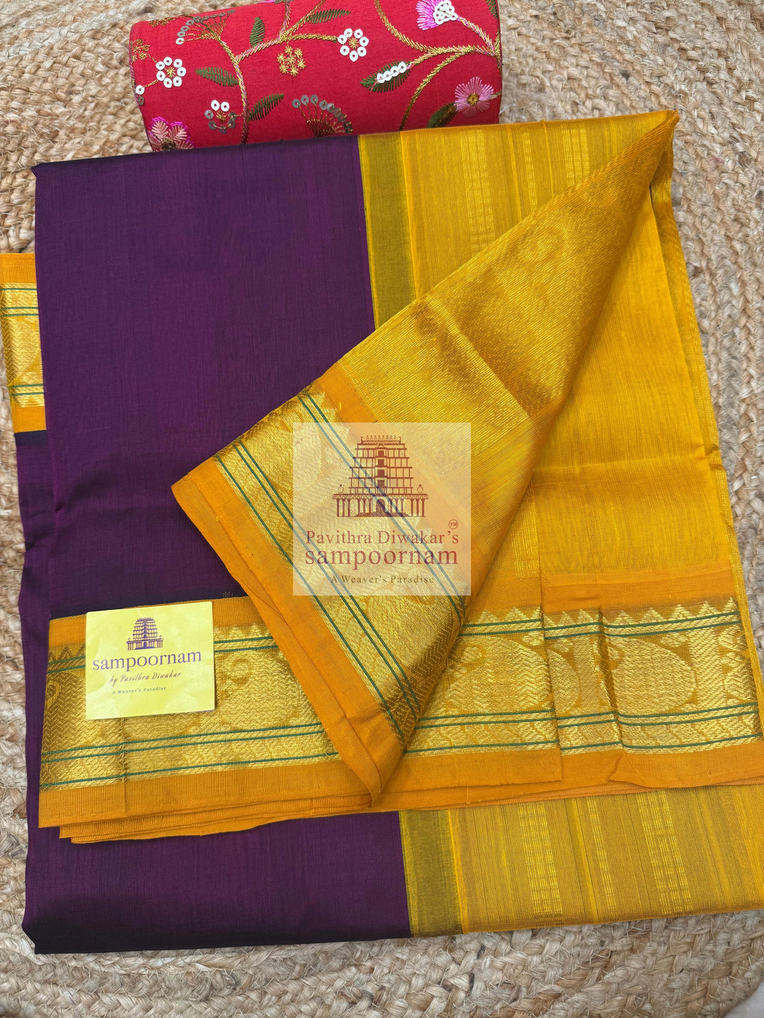Dark Maroon with Mustard Traditional Borders and Rich Pallu Korvai Silk Cotton Saree