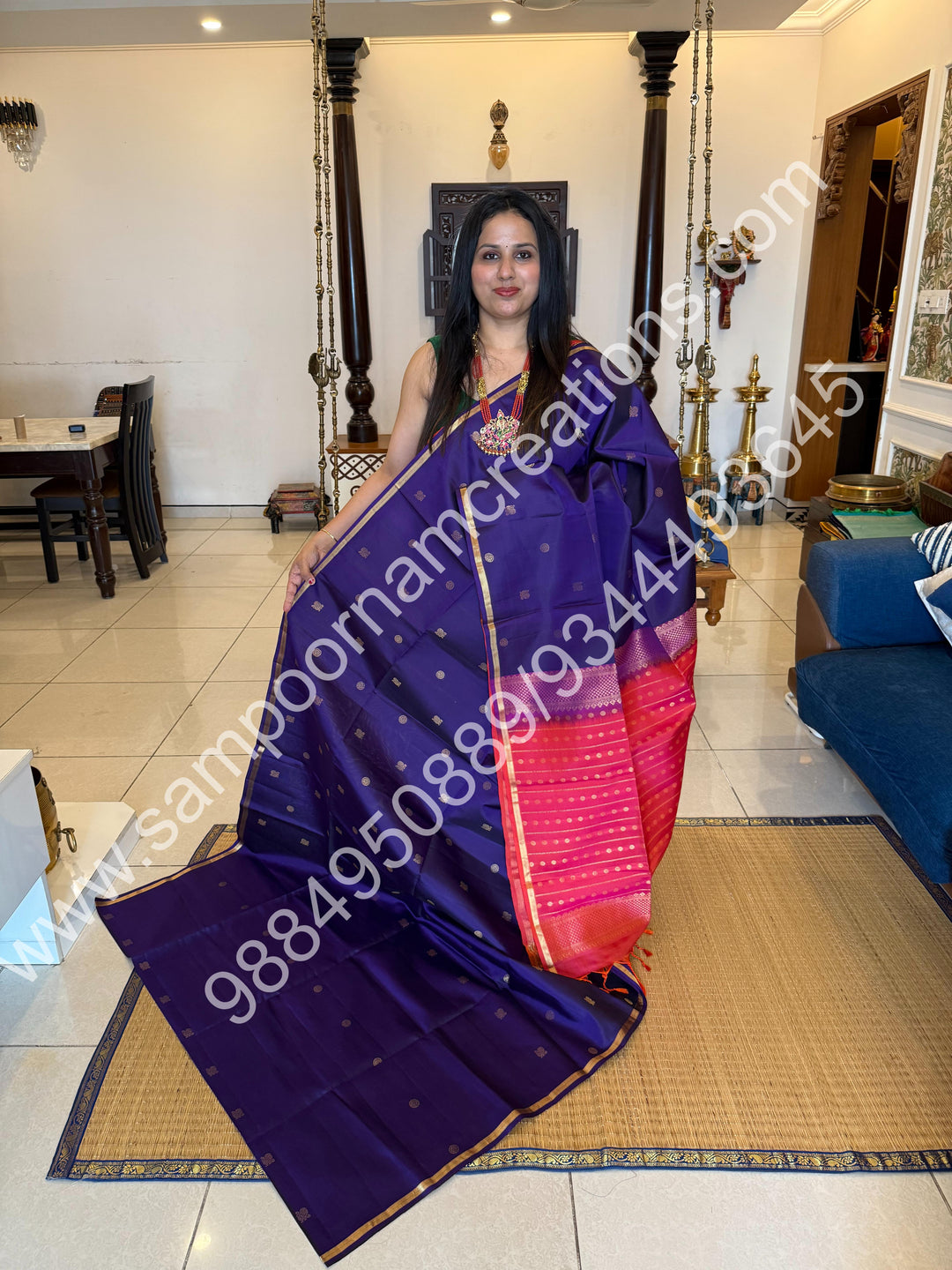 Dark Indigo Blue with Orangish Pink ,Small Zari Border, Zari butta in the Body and Grand Pallu , Pure Soft Silk Saree