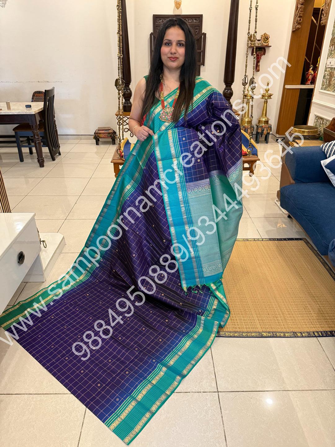 Dark Blue with Light Blue, Rich Zari Checks with Rich Butta in the Body , Traditional Rettapet Border and Grand Pallu , Pure Soft Silk Saree