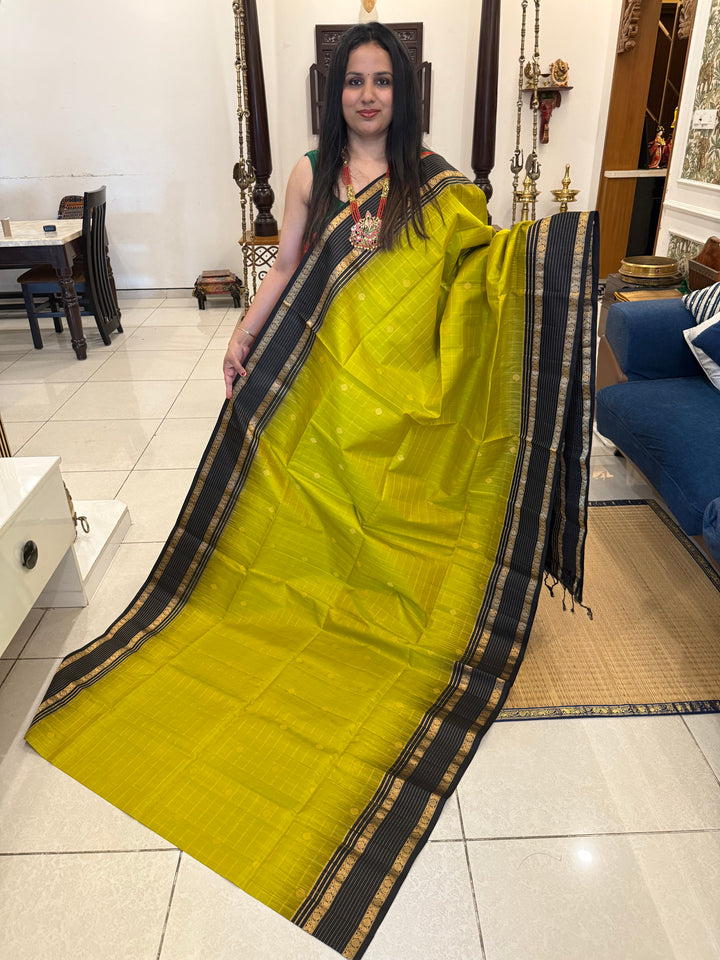 Olive Green with Black Zari Checks in the Body with Rettapet Border and Grand Pallu Pure Soft Silk Saree