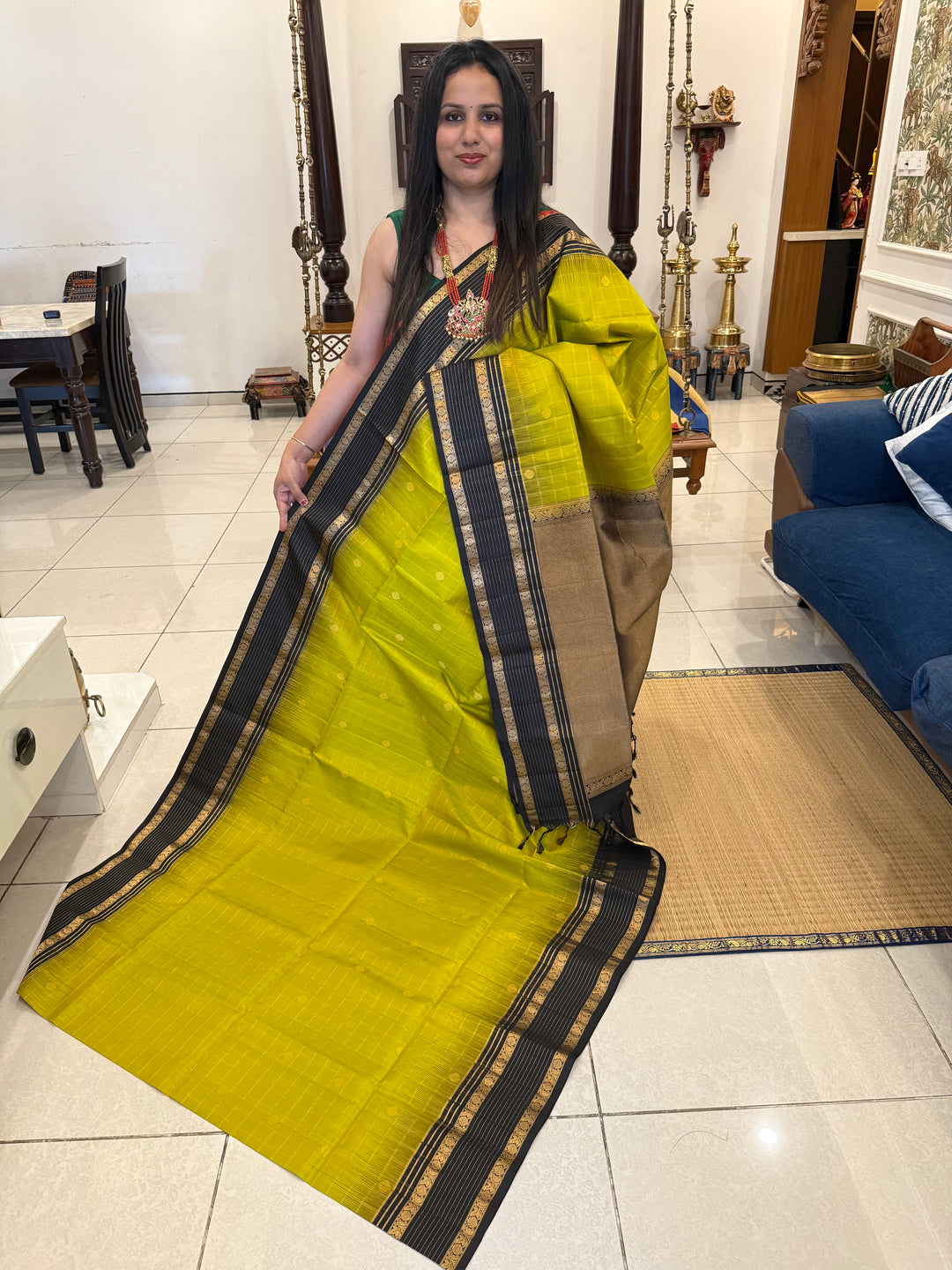 Olive Green with Black Zari Checks in the Body with Rettapet Border and Grand Pallu Pure Soft Silk Saree