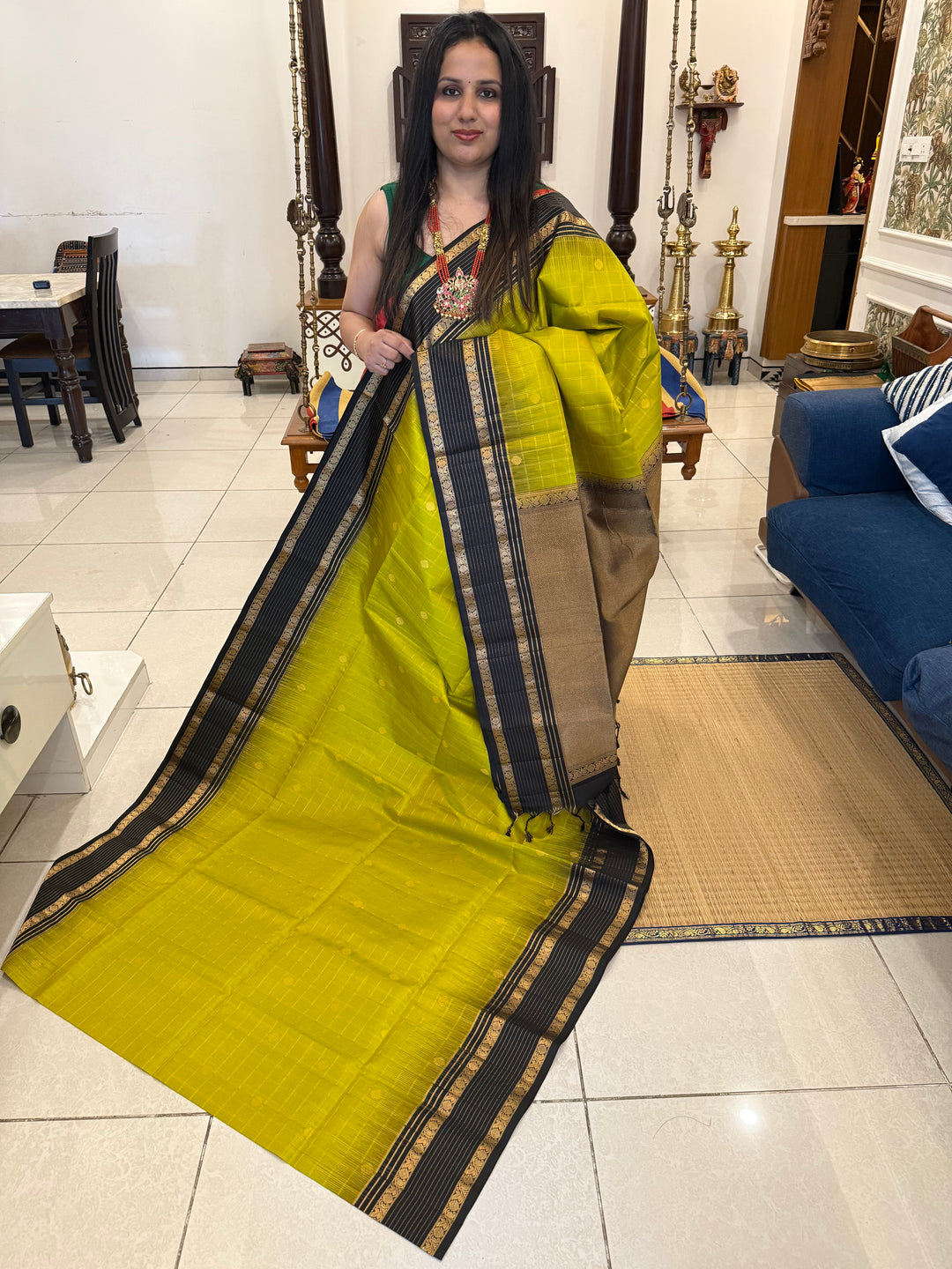 Olive Green with Black Zari Checks in the Body with Rettapet Border and Grand Pallu Pure Soft Silk Saree