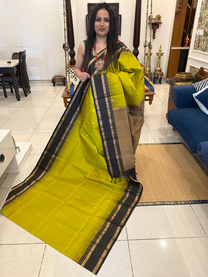 Olive Green with Black Zari Checks in the Body with Rettapet Border and Grand Pallu Pure Soft Silk Saree