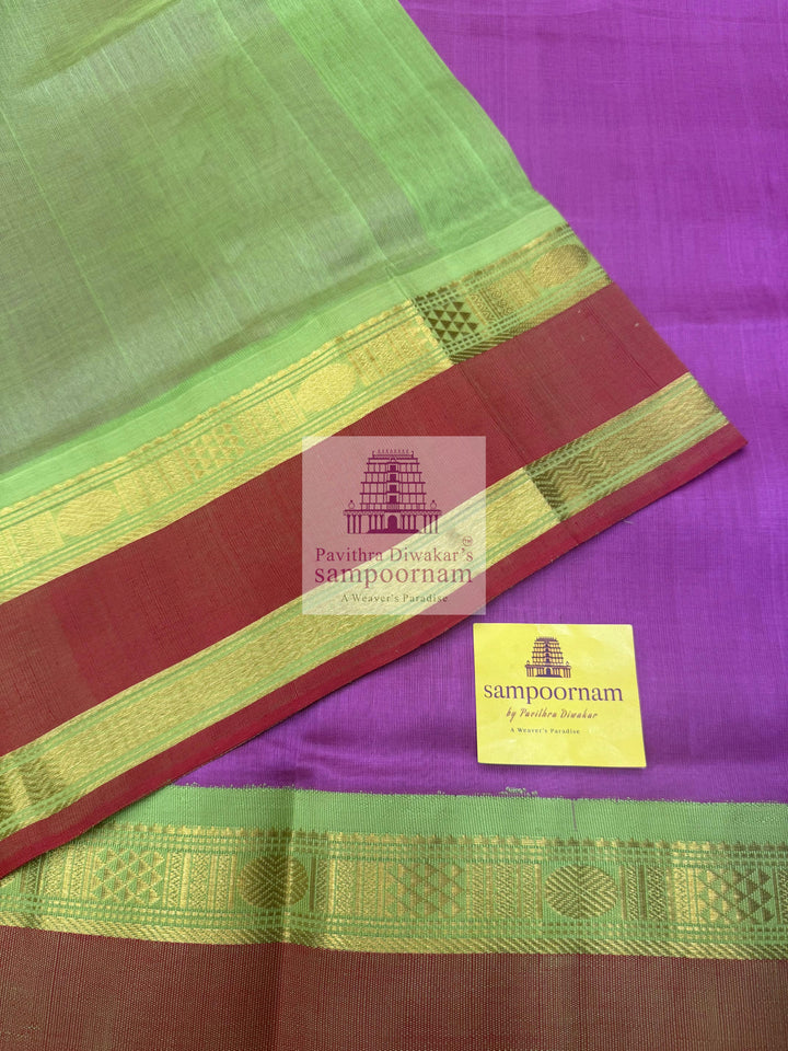 Lilacwith Pastel Green, rettapet Border and Traditional Pallu Korvai Silk Cotton Saree