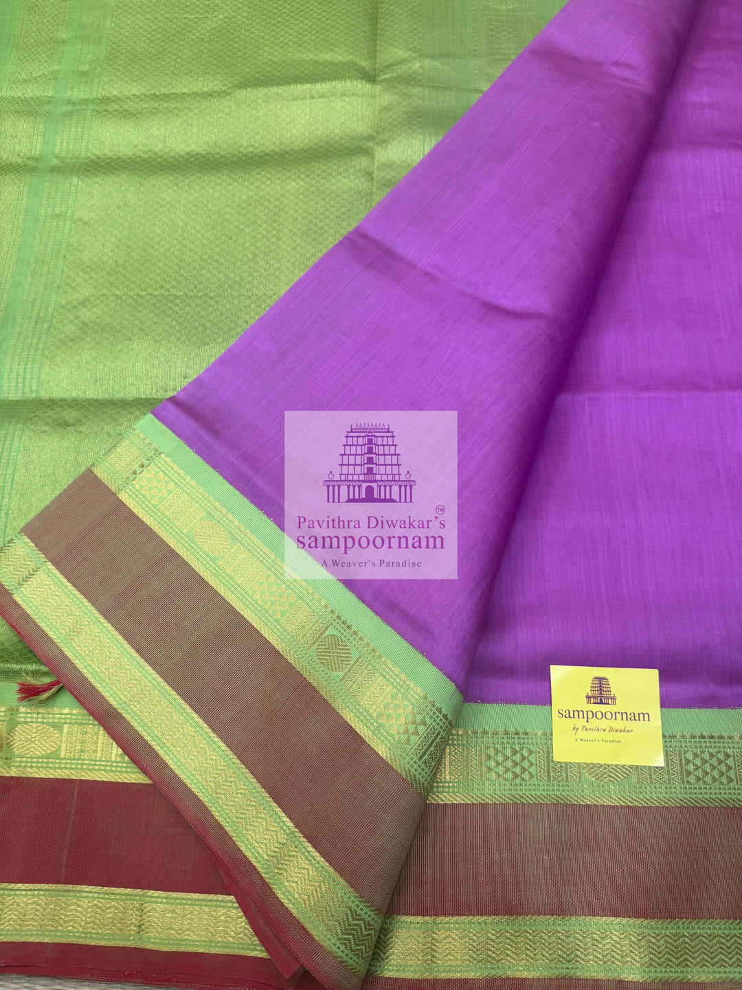 Lilacwith Pastel Green, rettapet Border and Traditional Pallu Korvai Silk Cotton Saree