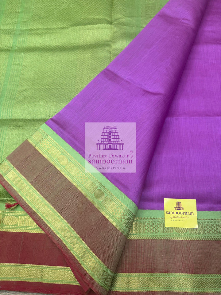 Lilacwith Pastel Green, rettapet Border and Traditional Pallu Korvai Silk Cotton Saree