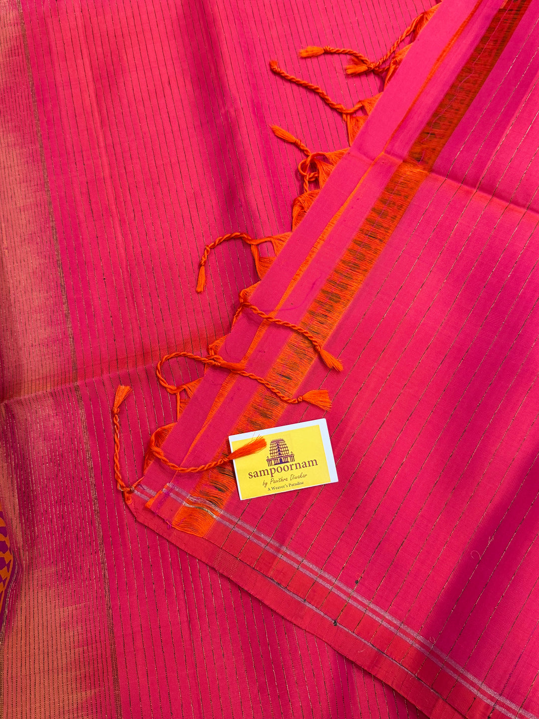 A Trendy Yellow with Pink, Handblock Printed Terracota Horse Designs in the Body , Rich Vairaoosi Pallu and Blouse Pure Soft Silk Saree