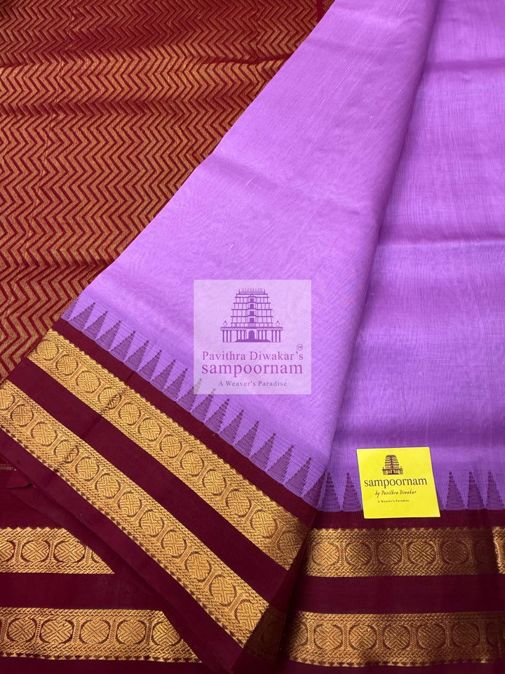 Lavender with Araku, Traditional Temple Rettapet Border and Grand Pallu Korvai Silk Cotton Saree