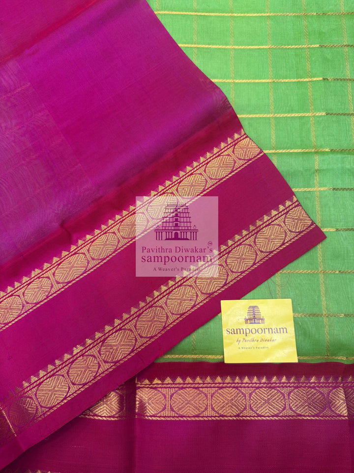 Pastel Green with Magenta, Rich Zari Checks in the Body and Grand Pallu Korvai Silk Cotton Saree