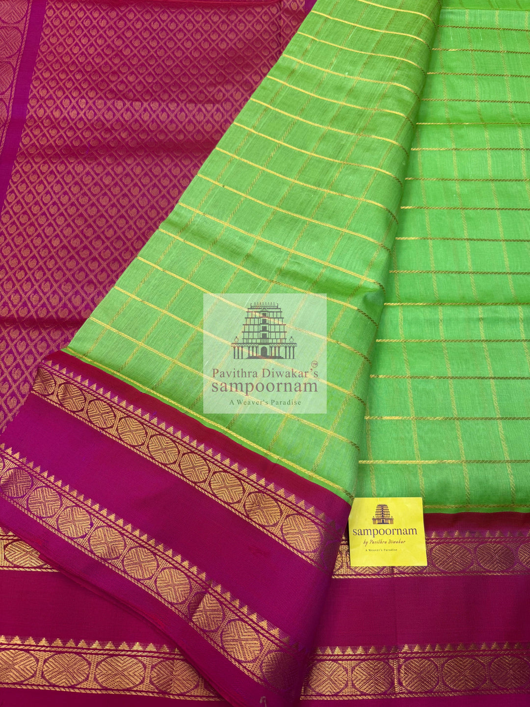 Pastel Green with Magenta, Rich Zari Checks in the Body and Grand Pallu Korvai Silk Cotton Saree