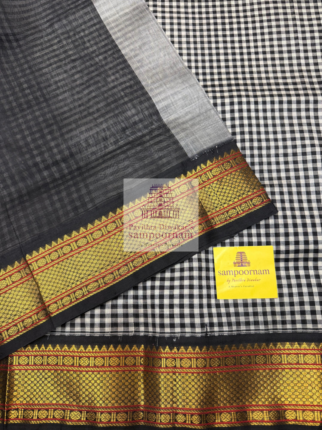 Black white Podi Kattam with Traditional Borders and Rich Pallu Korvai Silk Cotton Saree