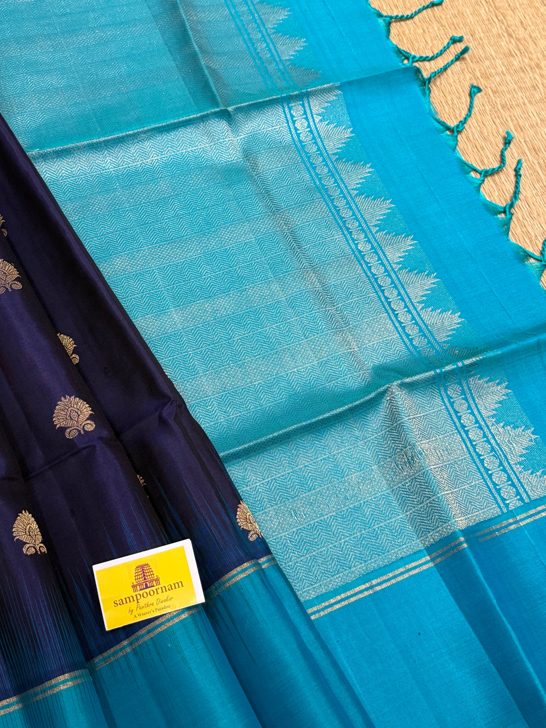 Dark Blue with Light Blue, Zari Rich Floral Motifs in the Body, Rich Pallu Pure Soft Silk Saree