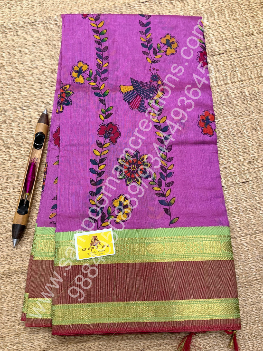 Dark Lavender with Pastel Green , rettapet traditional border , Madhubani Floral print in the body and rich Pallu Printed Korvai Silk Cotton Saree