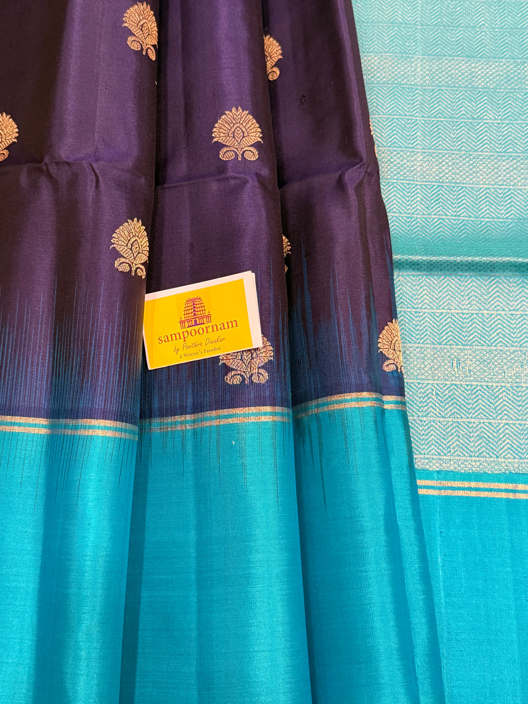 Dark Blue with Light Blue, Zari Rich Floral Motifs in the Body, Rich Pallu Pure Soft Silk Saree