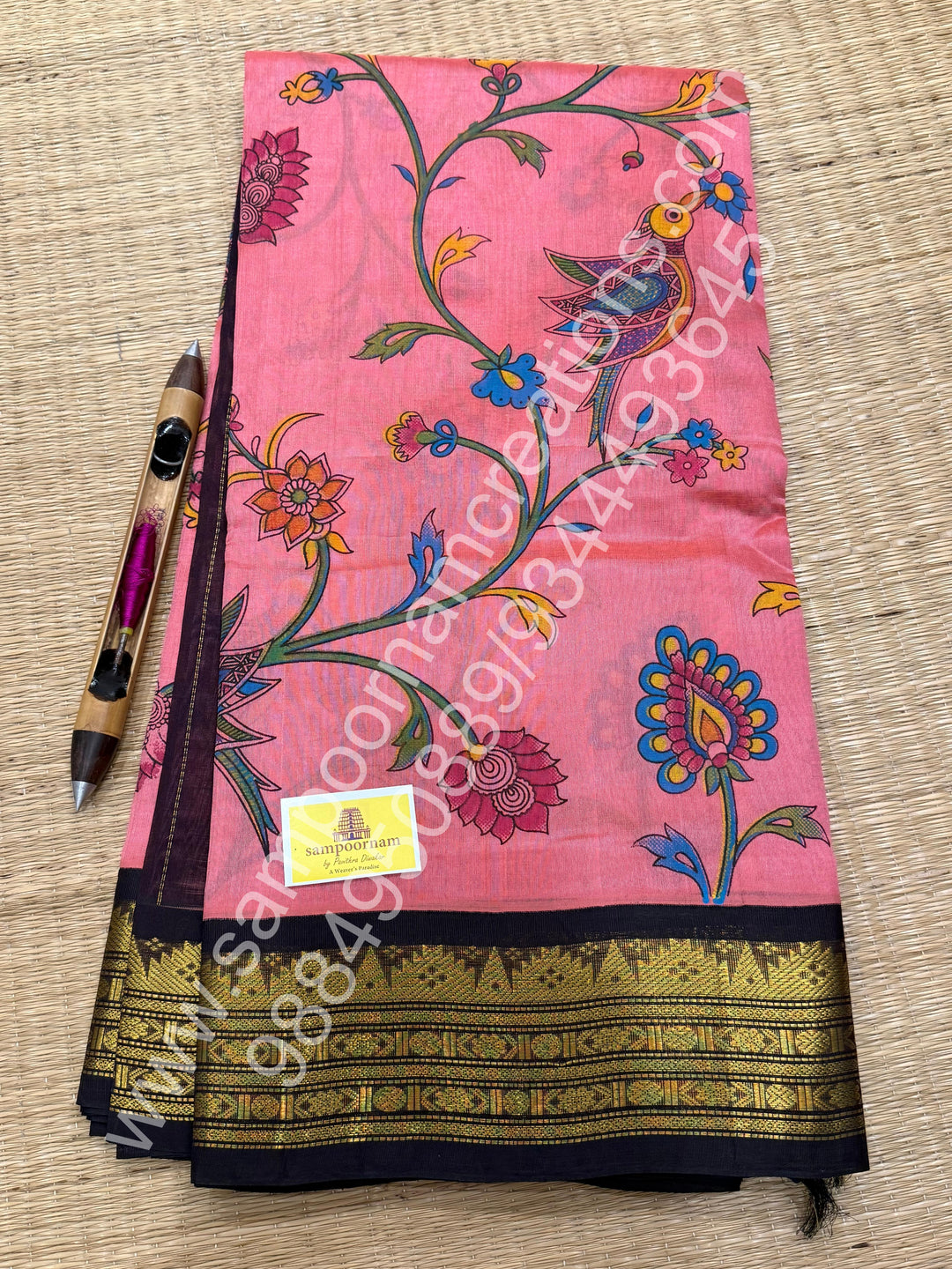 Dark Pink with Brown , traditional border , Madhubani Floral print in the body and rich Pallu Printed Korvai Silk Cotton Saree