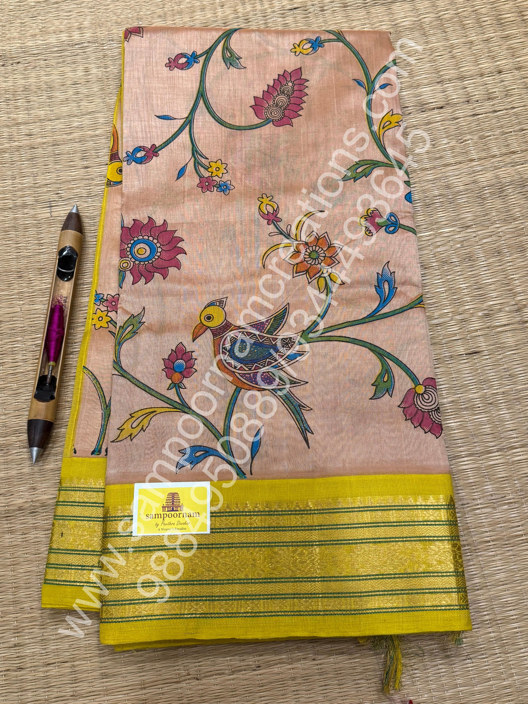 Beige with Lemon Yellow , traditional border , Madhubani Floral print in the body and rich Pallu Printed Korvai Silk Cotton Saree