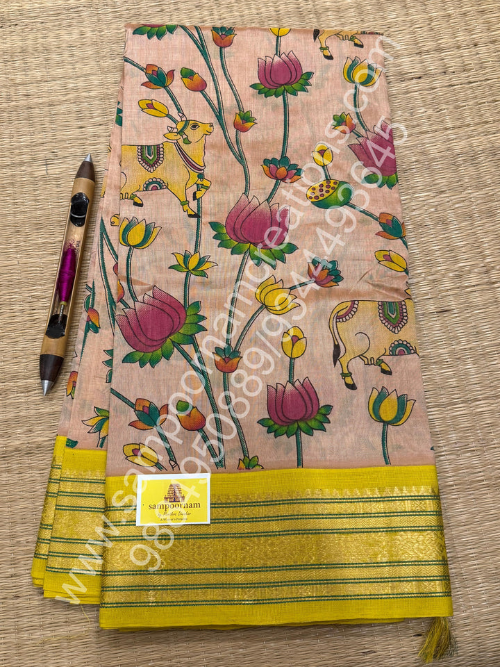 Beige with Lemon Yellow , traditional border ,  Pichwai  Floral print in the body and rich Pallu Printed Korvai Silk Cotton Saree