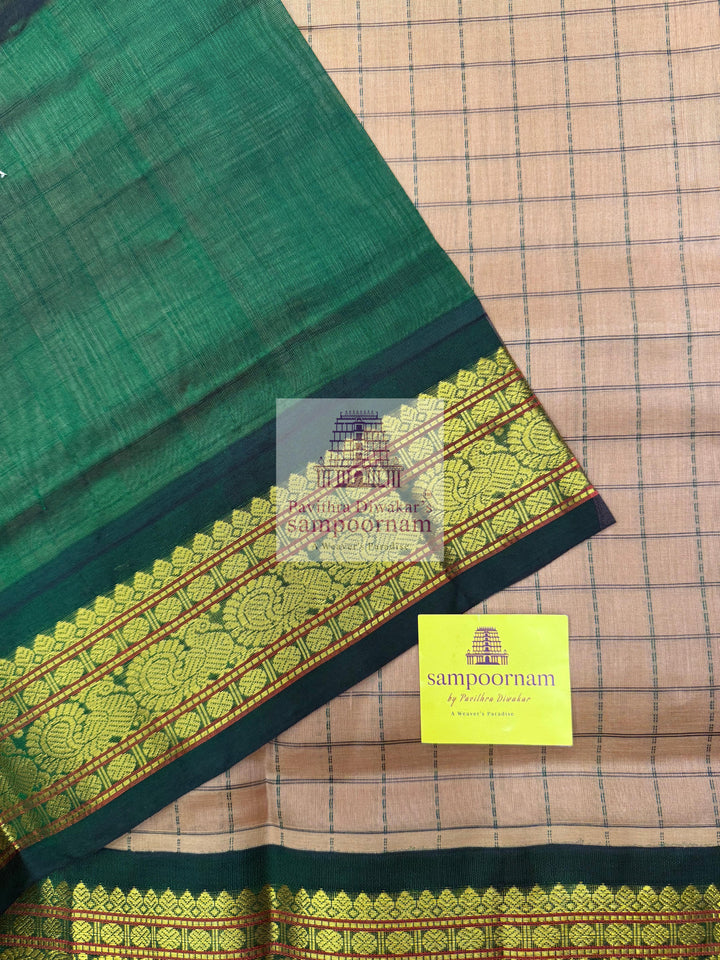 Biscuit Colour with Green, Thread Kattam in the Body , Traditional Borders and Rich Pallu ,Korvai Silk Cotton Saree