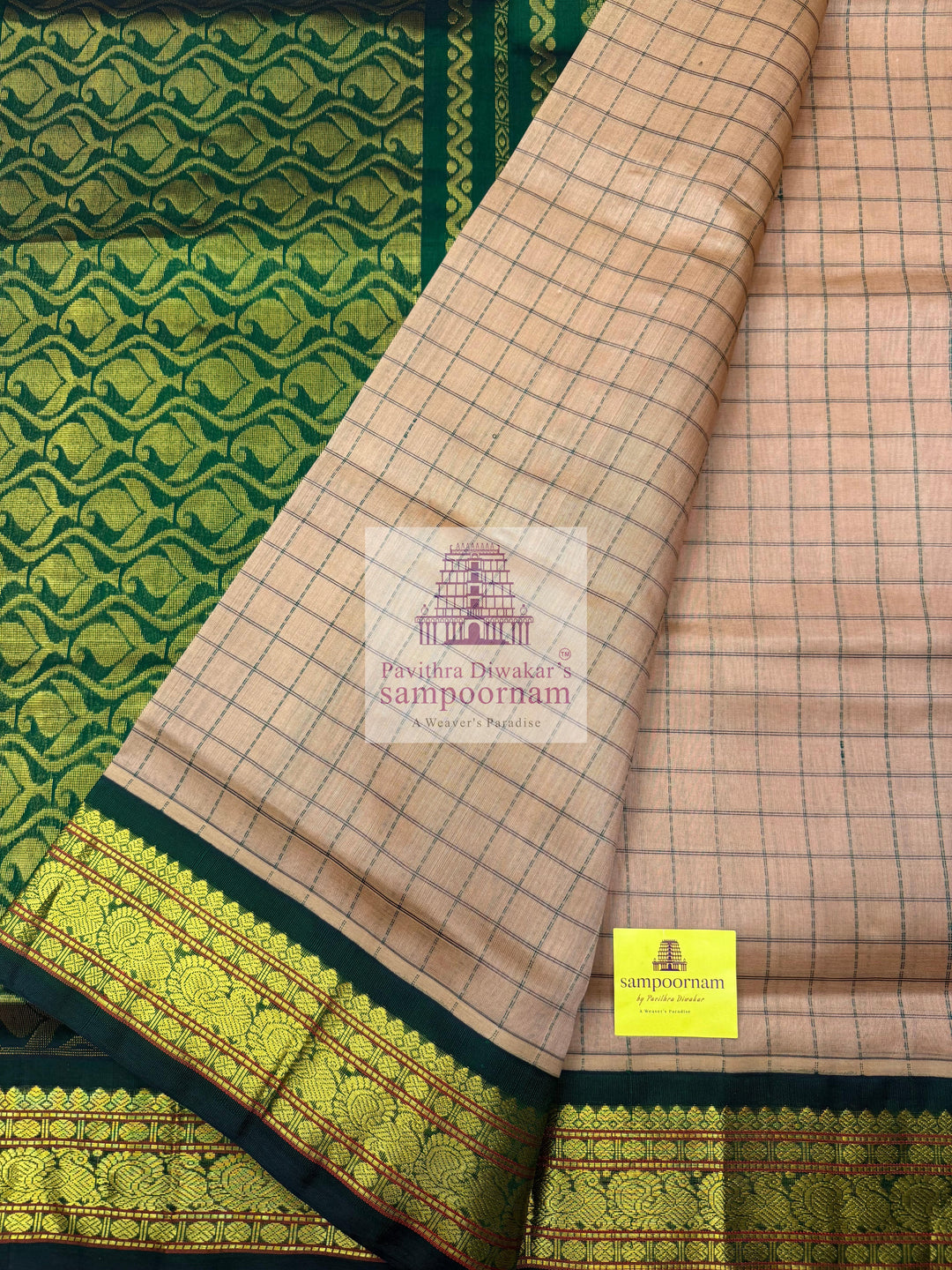 Biscuit Colour with Green, Thread Kattam in the Body , Traditional Borders and Rich Pallu ,Korvai Silk Cotton Saree