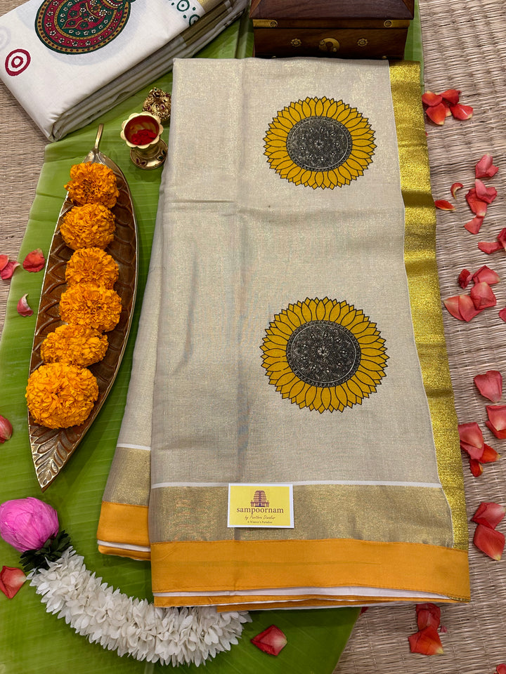 Offwhite Kerala Tissue Saree with Sunflower Motif and With a Yellow Border Piping