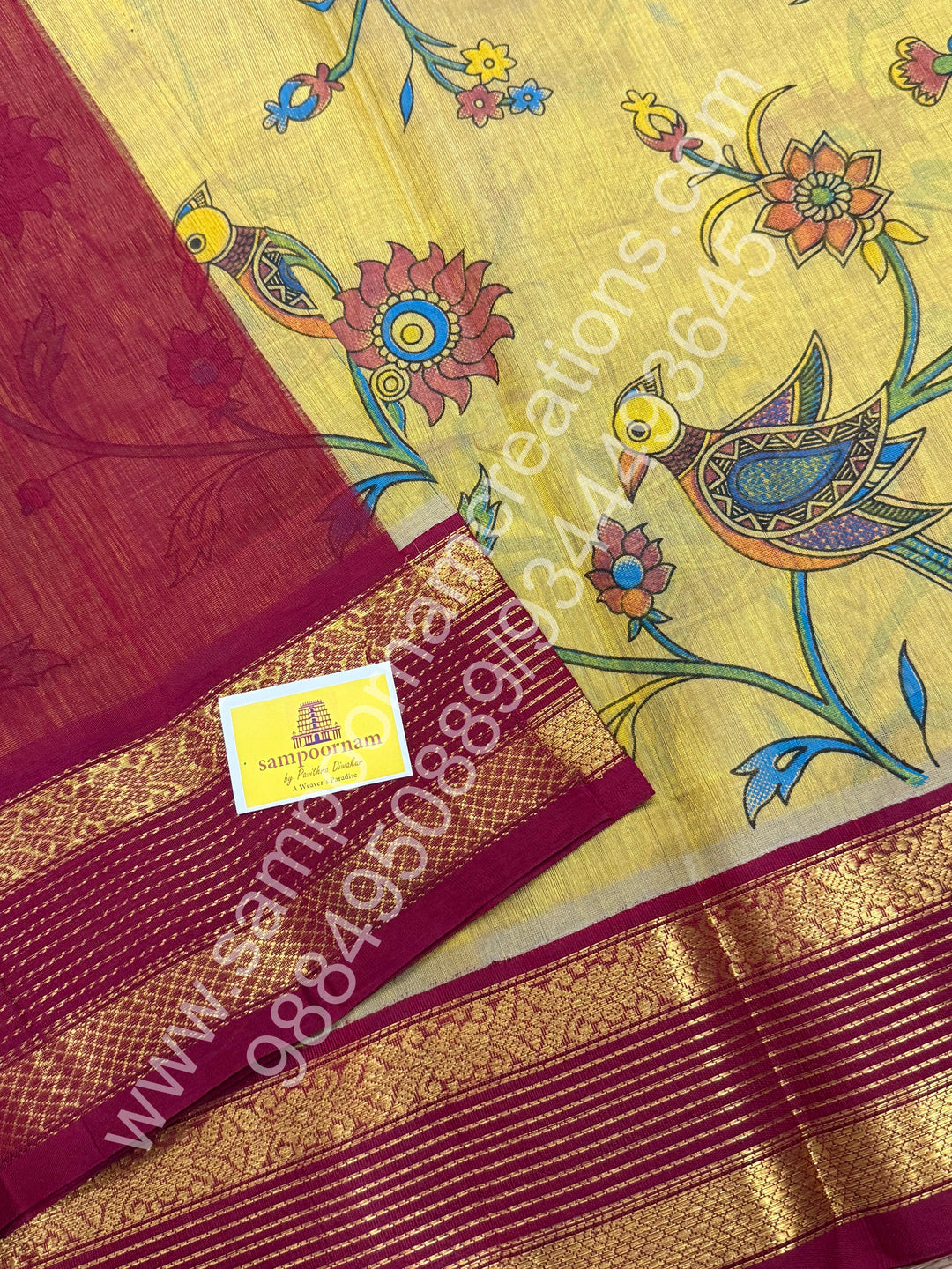 Fenugreek Gold with Dark Red , rettapet traditional border , Madhubani Floral print in the body and rich Pallu Printed Korvai Silk Cotton Saree