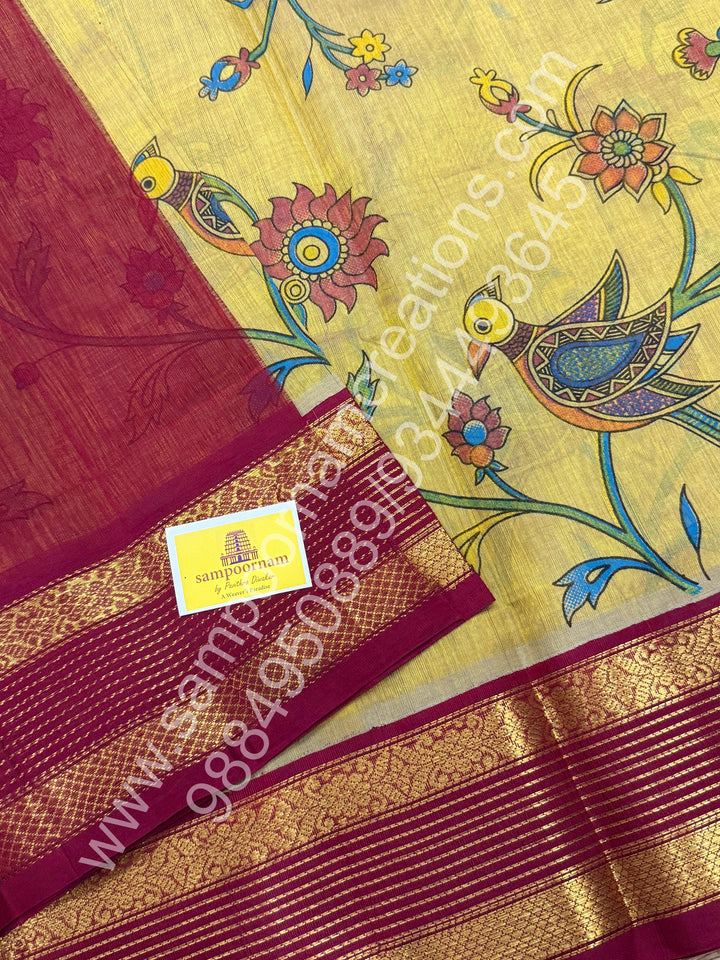 Fenugreek Gold with Dark Red , rettapet traditional border , Madhubani Floral print in the body and rich Pallu Printed Korvai Silk Cotton Saree