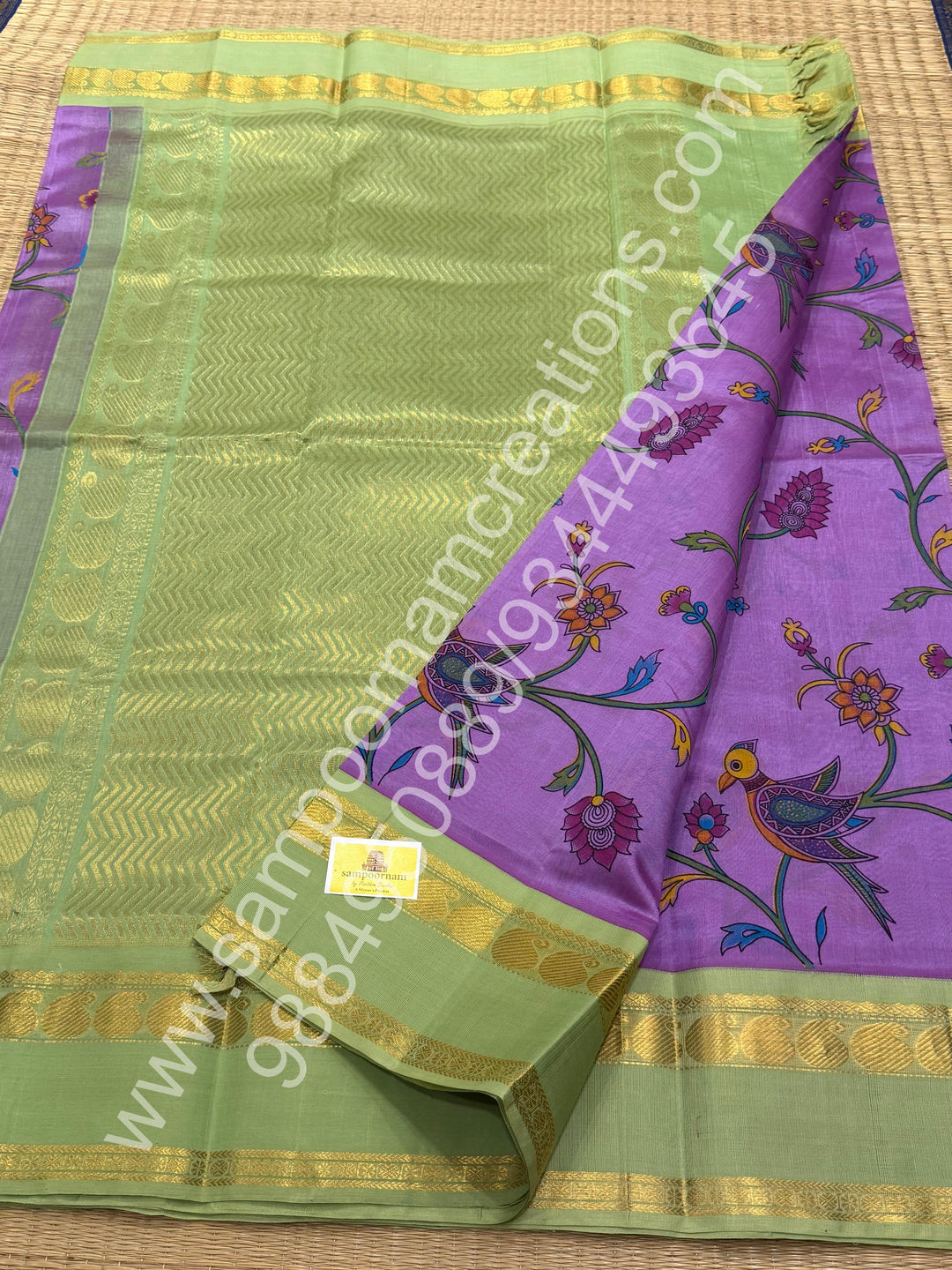 Lavender with Pastel Green , traditional rettapet  border , Madhubani Floral print in the body and rich Pallu Printed Korvai Silk Cotton Saree