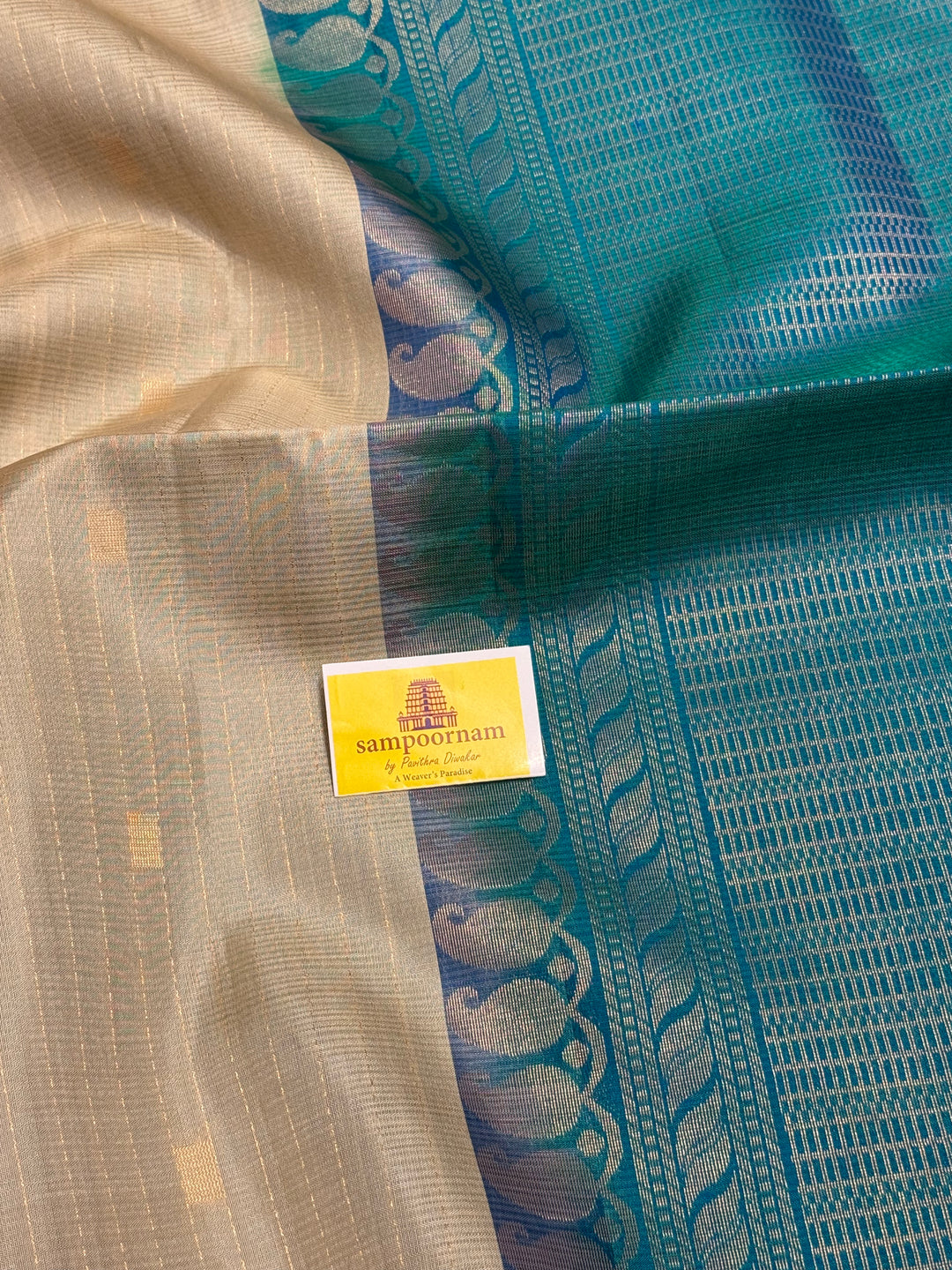 Beige with Turquoise Blue, Vairaoosi Borders, Zari Butta and Dotted Lines in the Body , Rich Pallu, Pure Soft Silk Saree