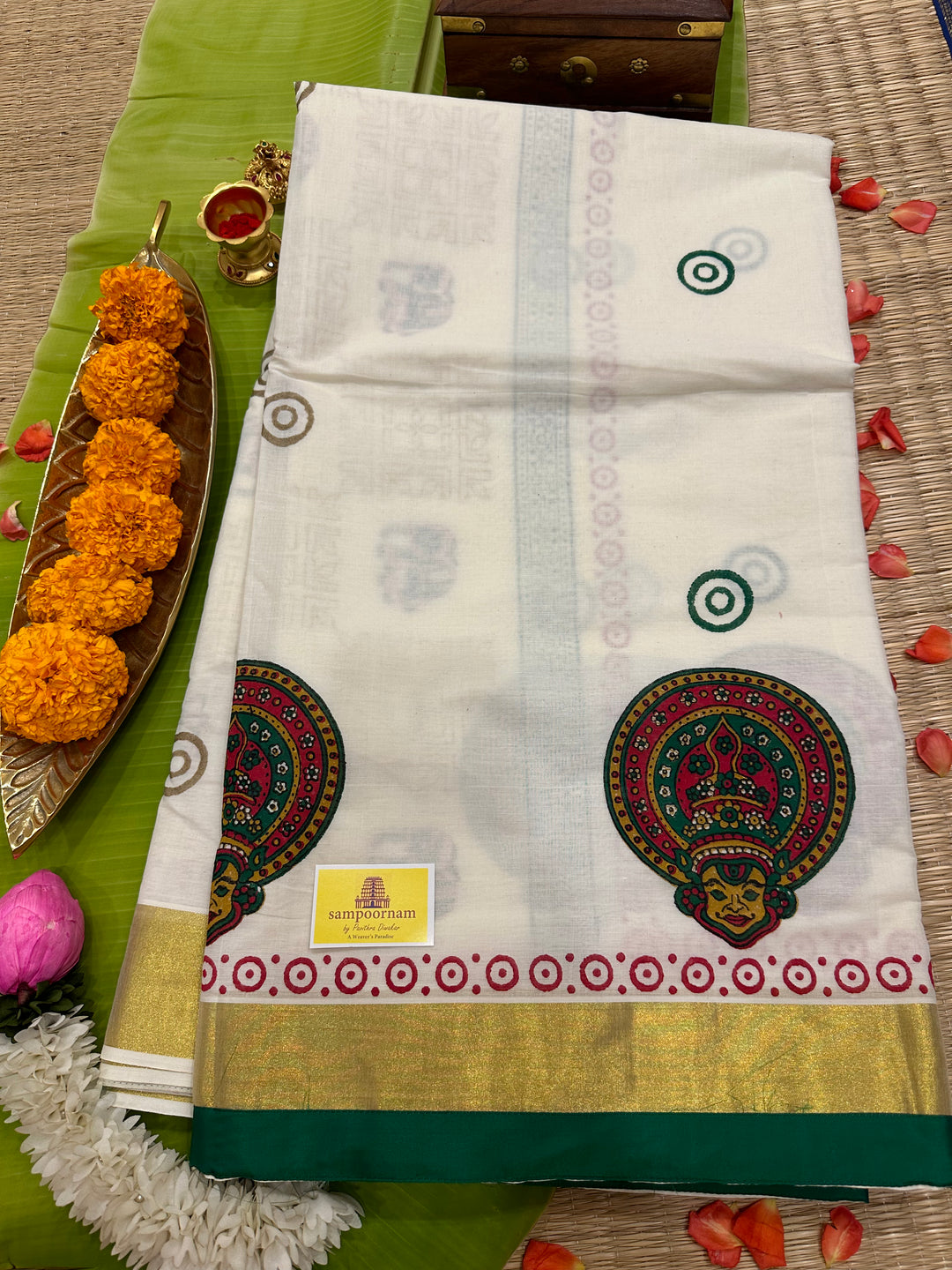 Handblock Printed Kerala Cotton Saree with Kathakali Motif and Green Piping in Borders