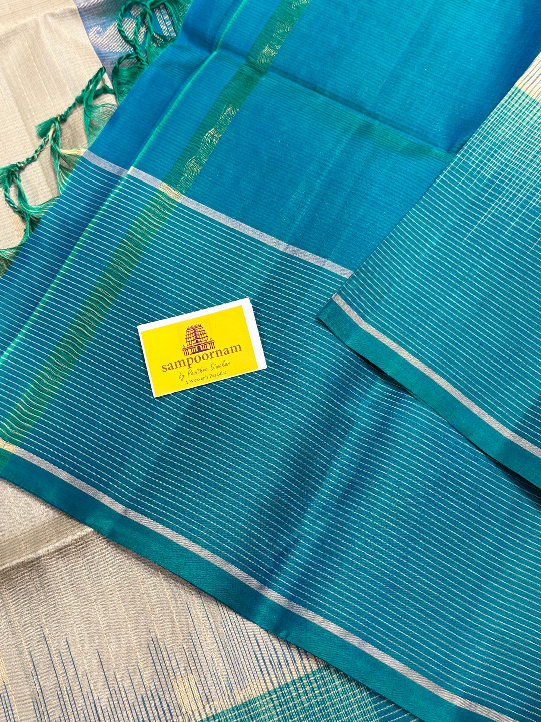 Beige with Turquoise Blue, Vairaoosi Borders, Zari Butta and Dotted Lines in the Body , Rich Pallu, Pure Soft Silk Saree