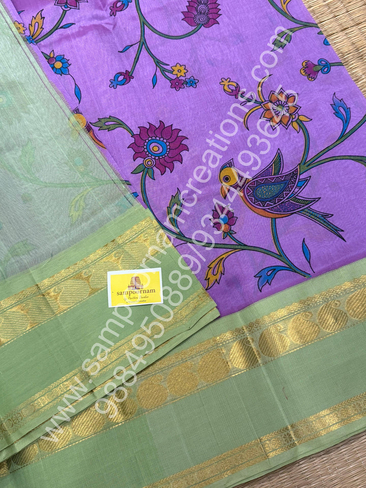 Lavender with Pastel Green , traditional rettapet  border , Madhubani Floral print in the body and rich Pallu Printed Korvai Silk Cotton Saree