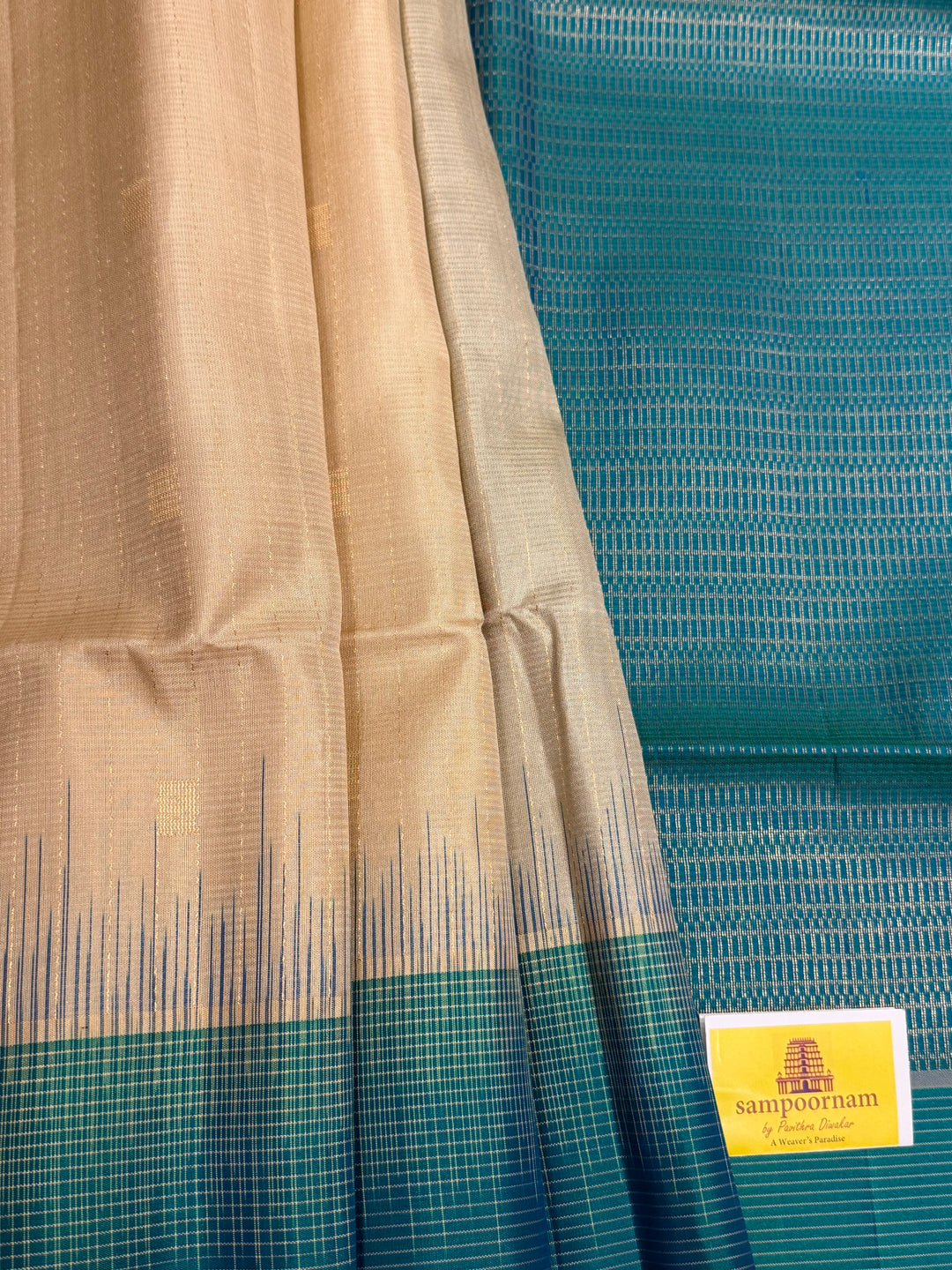 Beige with Turquoise Blue, Vairaoosi Borders, Zari Butta and Dotted Lines in the Body , Rich Pallu, Pure Soft Silk Saree
