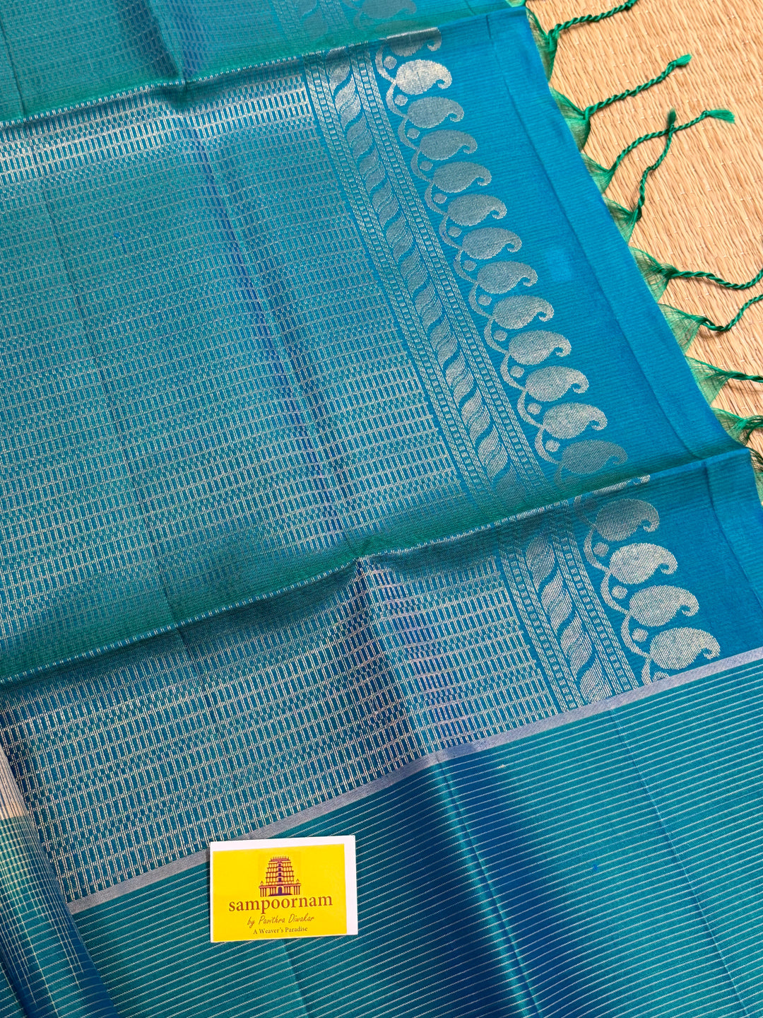 Beige with Turquoise Blue, Vairaoosi Borders, Zari Butta and Dotted Lines in the Body , Rich Pallu, Pure Soft Silk Saree