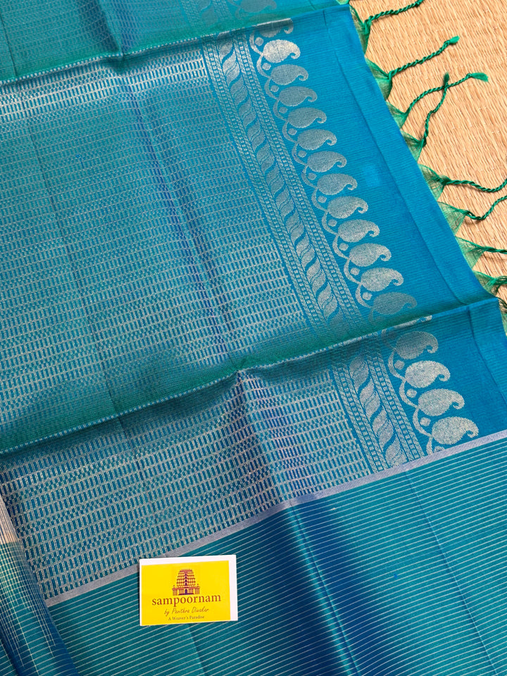 Beige with Turquoise Blue, Vairaoosi Borders, Zari Butta and Dotted Lines in the Body , Rich Pallu, Pure Soft Silk Saree