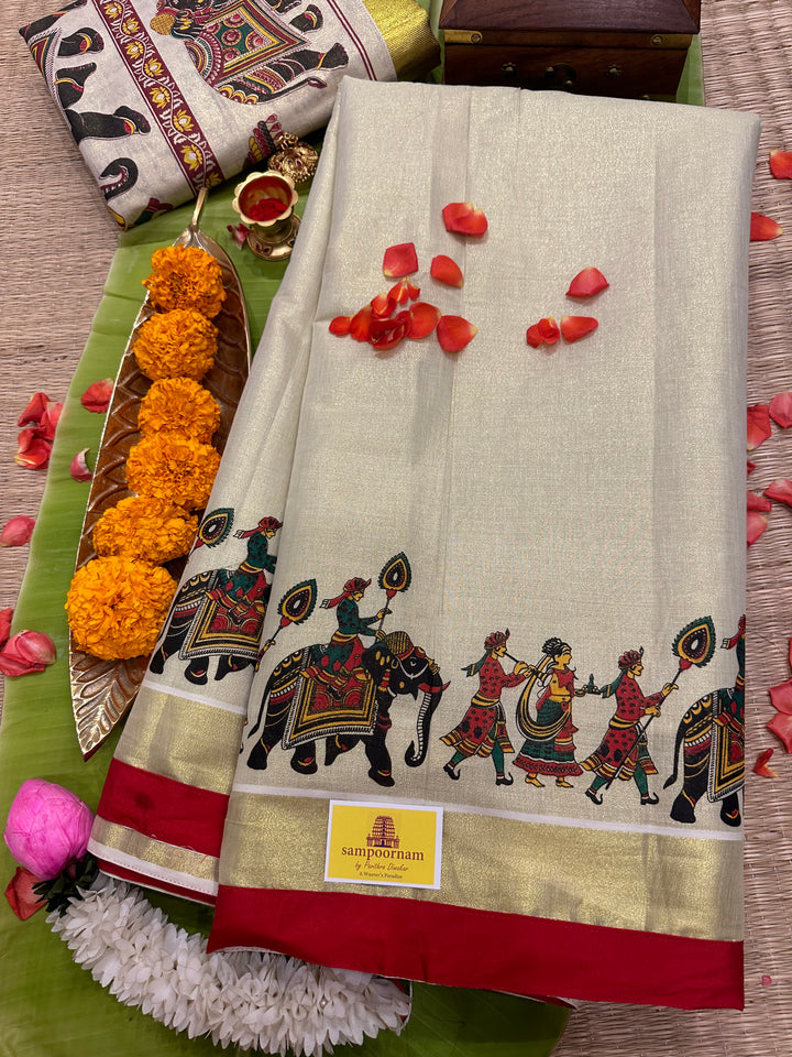 Kerala Tissue Saree with Royal Elephant Procession and Red Border Piping