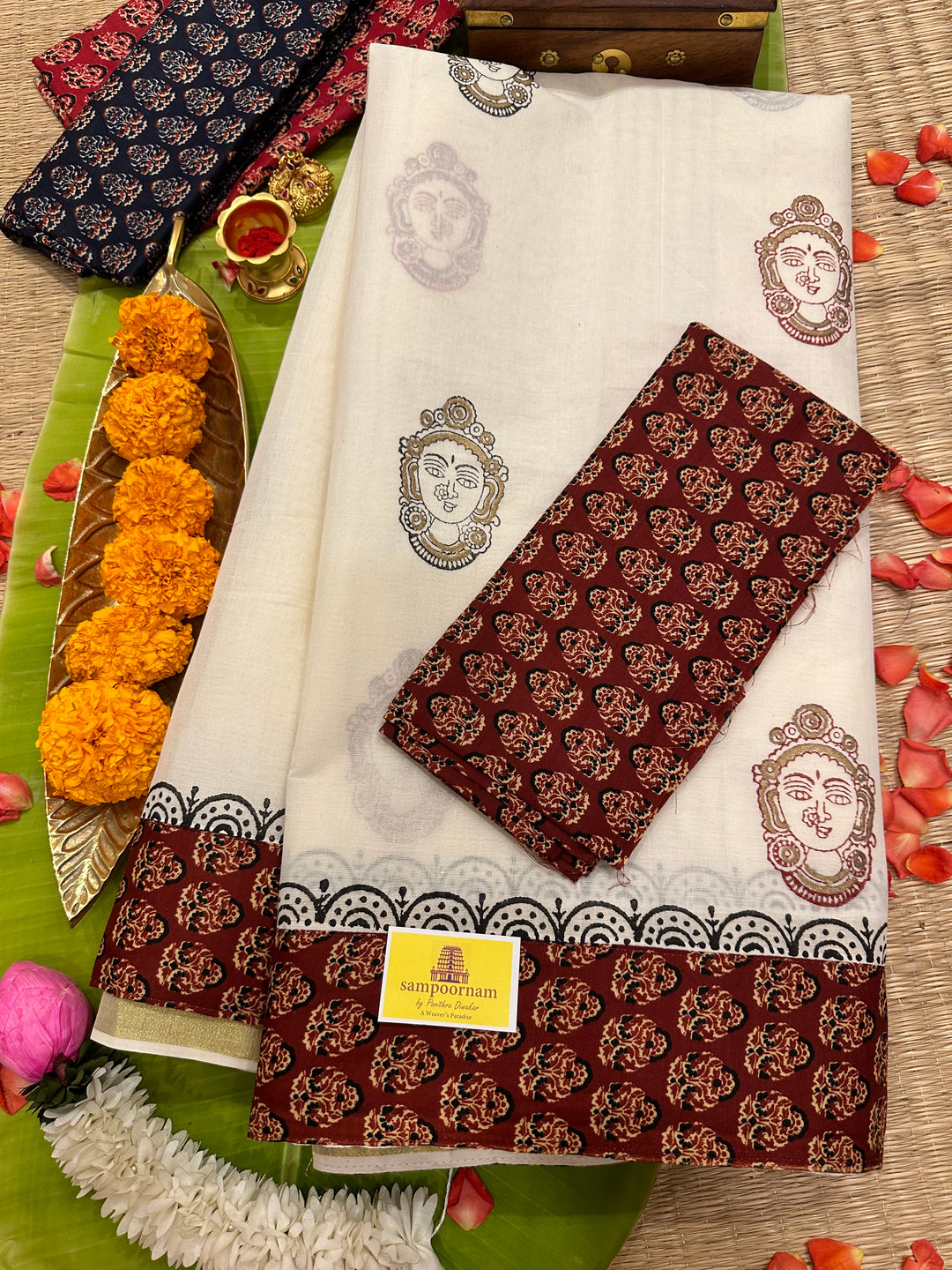 Kerala Pure Cotton Saree with Red Ajrakh Border & Goddess Amman Face Motifs - with Ajrakh Blouse