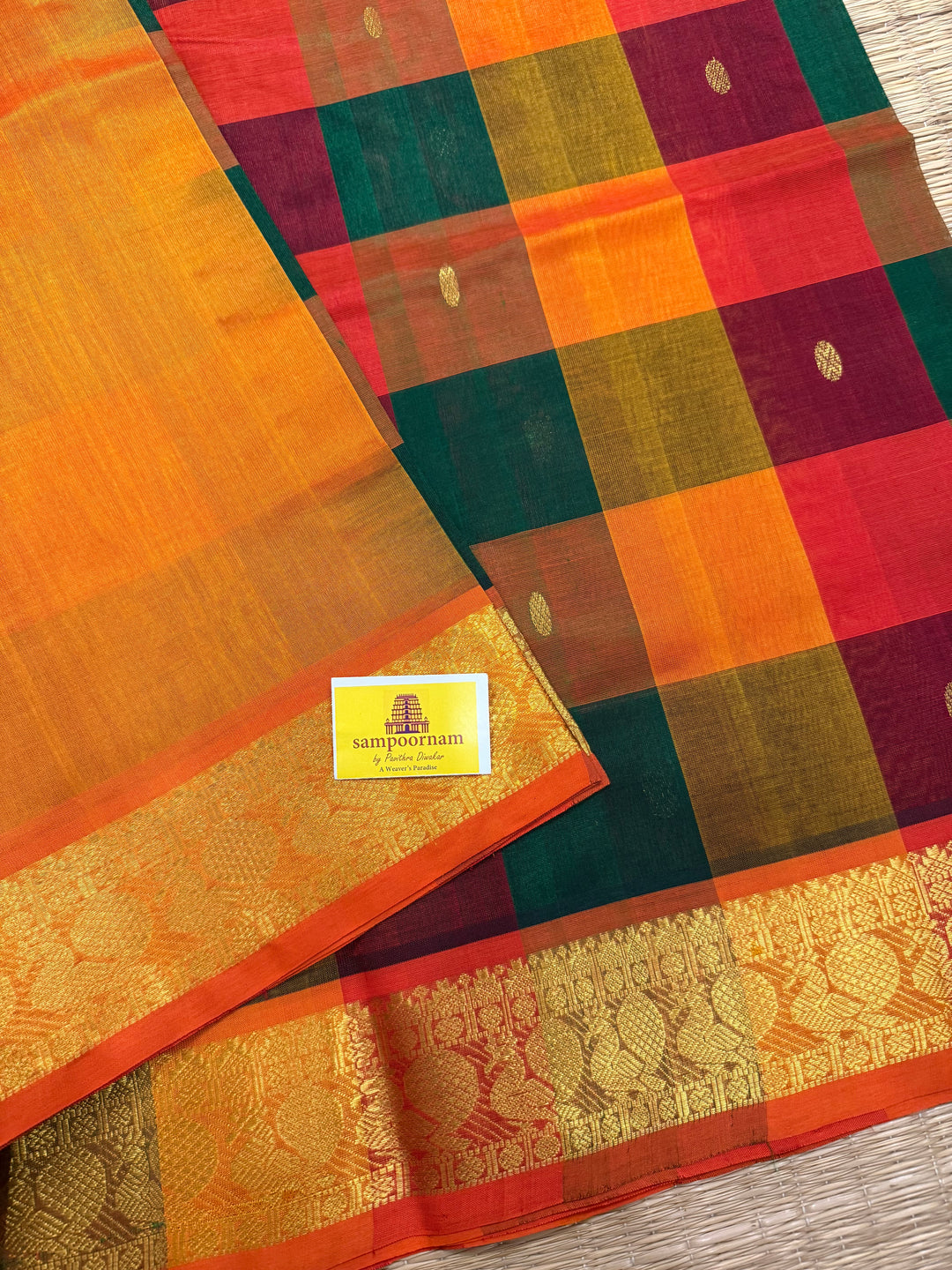 Traditional Araku, manjal ,Mustard ,Green and Orange Pallum Pazham Kattam Saree with Zari Butta in the Body And Traditional Pallu Silk Cotton Saree