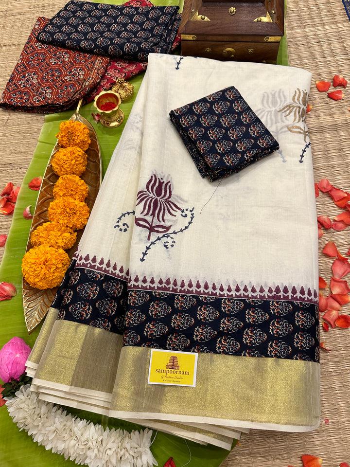 Kerala Pure Cotton Saree wih Blue Ajrakh Border & Lotus Motifs - with Ajrakh Blouse