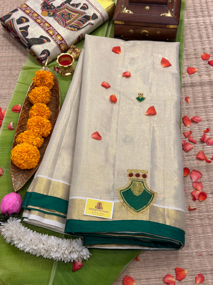 Kerala Tissue Saree With Green Palakka Embroidery Motif with Green Piping in the Border