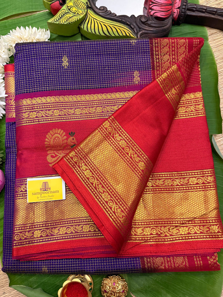 Indigo Blue with Red, One Side Big Satin Border with Annam Motifs, Zari Podi Kattam in the Body , Rich Pallu Korvai Silk Cotton Saree