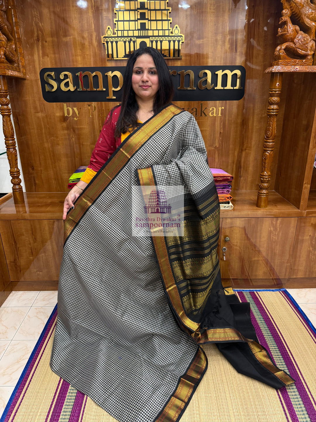 Black white Podi Kattam with Traditional Borders and Rich Pallu Korvai Silk Cotton Saree