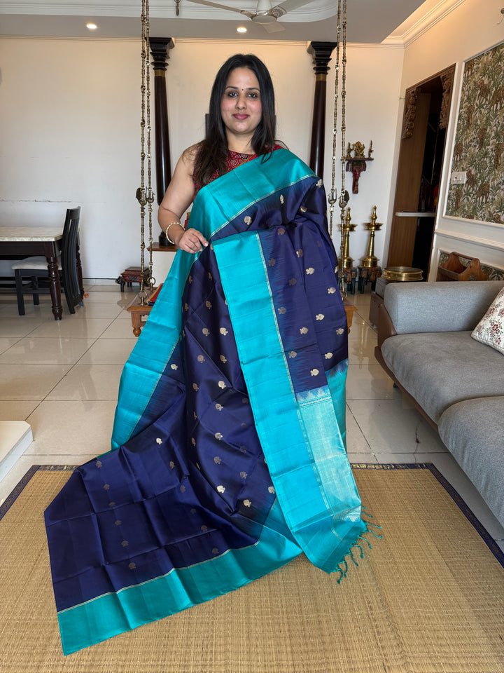 Dark Blue with Light Blue, Zari Rich Floral Motifs in the Body, Rich Pallu Pure Soft Silk Saree